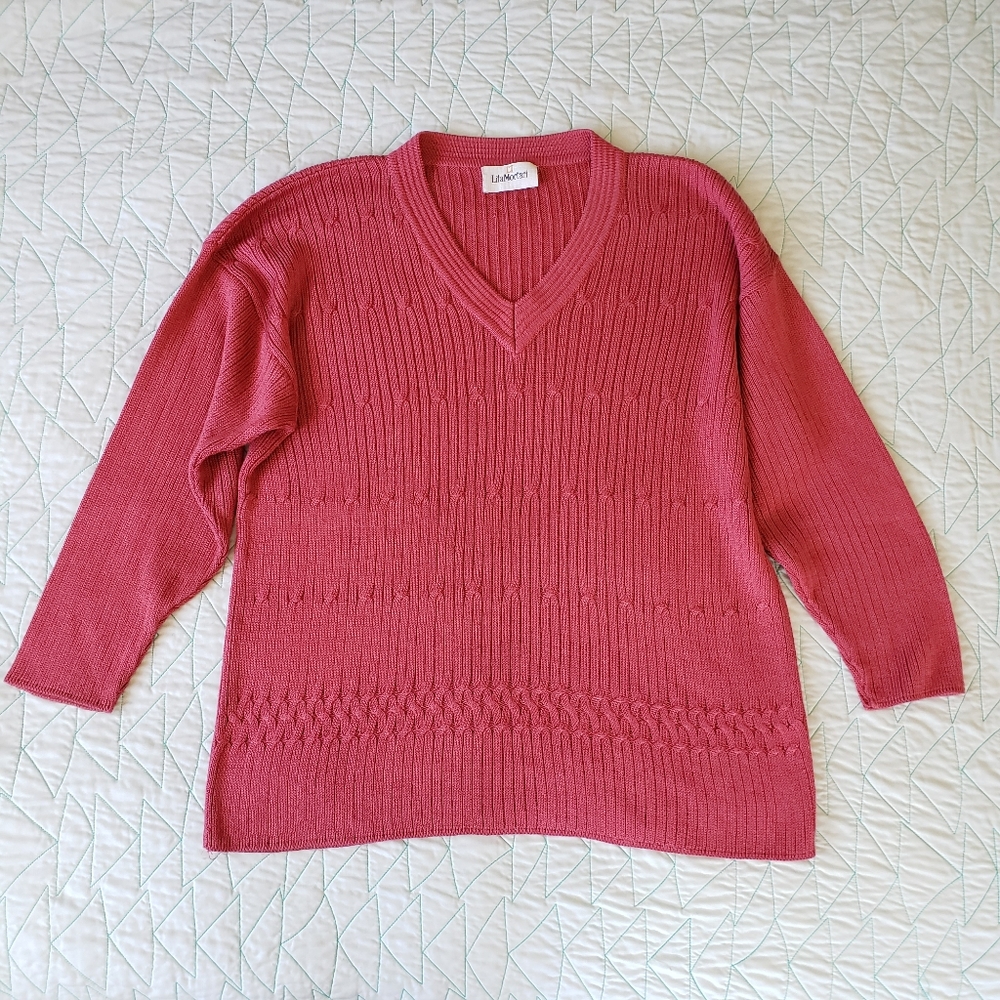 Lita Mortari Pink Cable Knit V-Neck Sweater